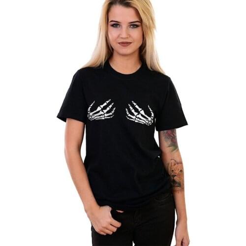 Skeleton Hands T-Shirt Women Funny Tshirt Sexy Boobs on Chest Graphic Tee Round Neck Oversized Tops Art T-shirt Drop Shipping