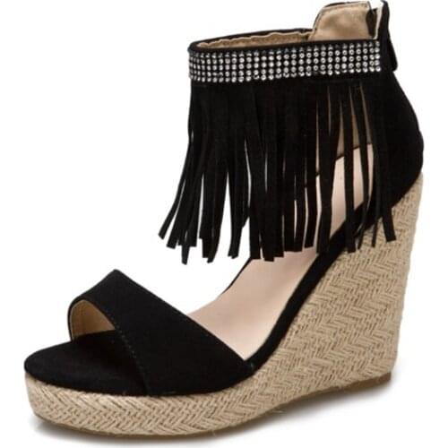 New Arrival 2021 Fashion Summer Wedges Women Sandals Open Toe Tassels Ladies Platform Zip High Heels Shoes Plus Size 34-50 33-3