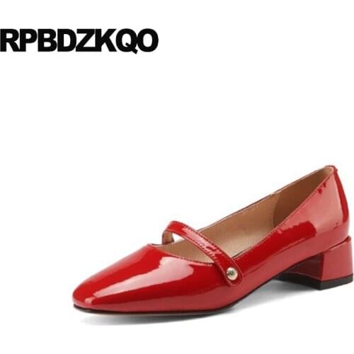 Ladies Low Heels Shoes Chunky 11 43 Pumps Bridesmaid Mary Jane Prom Plus Size Red Patent Leather Square Toe Strap Girls 10 42
