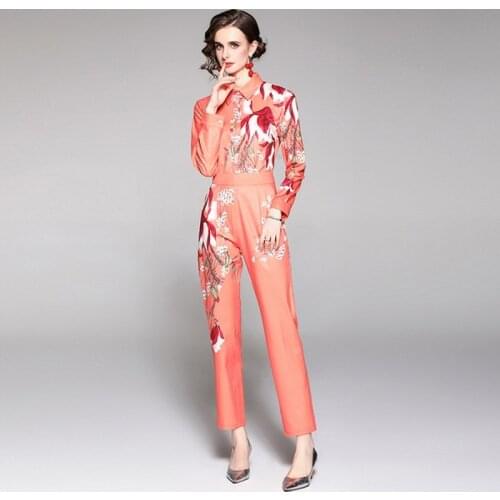 2021 autumn fashion women 2 Piece Sets Long Sleeve turn down collar Flower Print Shirts tops +High Waist Pocket Pants Suit