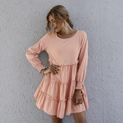Women Sweet Solid O neck Ball Gown Cascading Ruffle Lantern Long Sleeve Mini Dress Pink 2021 New Fashion Spring Autumn Dress