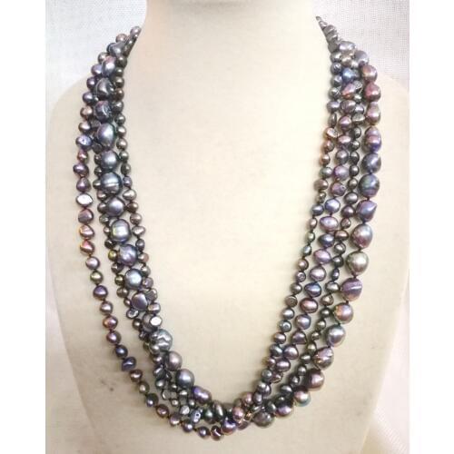 Women Jewelry 4 strands necklace 6-13mm pearl black brown blue colors baroque pearl handmade Real cultured freshwater pearl gift