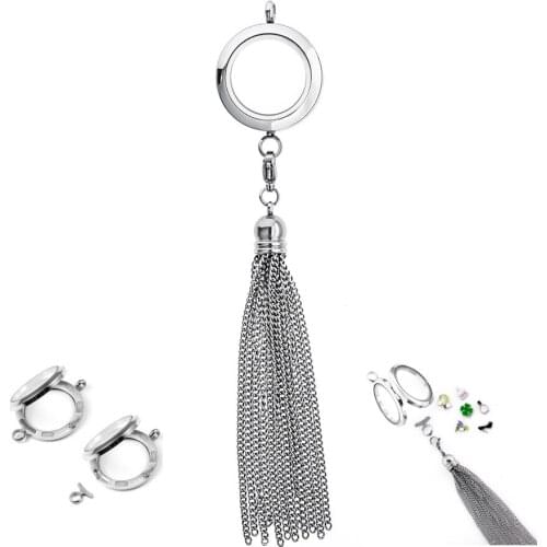 1pcs 25mm/30mm Round Living Floating Glass Memory charms Locket medallion with Tassel 316 L stainless steel locket fit necklace