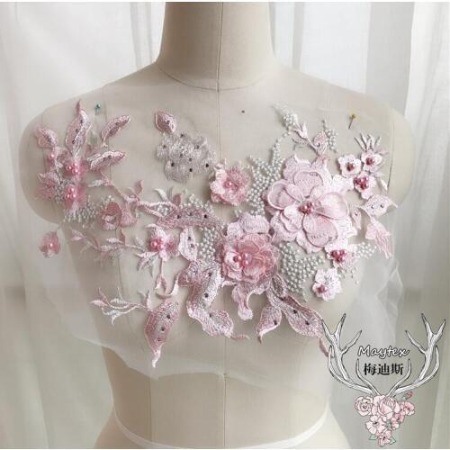 1 Piece 33*28cm Embroidery 3D Lace Applique Flower Pink Bead Lace Collar Neckline for Sewing Supplies Craft Decor for Clothes
