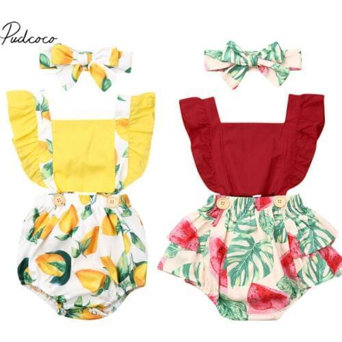 2019 Baby Summer Clothing Newborn Infant Baby Girl Floral Lemon Watermelon Bodysuit Ruffled Jumpsuit Headband Outfit Clothes