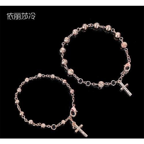 Catholic Golden Jesus Cross Bracelet Rose Bead Bracelet Jewelry Sacred Heart Jesus Central Rosary Ms. Bracelet Gift