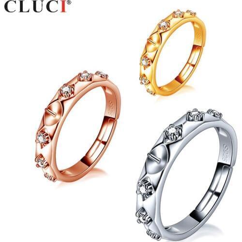 CLUCI 925 Sterling Silver Adjustable Round Zircon Open Rings for Women Classic Real Silver 925 Pearl Ring Mounting SR2242SB