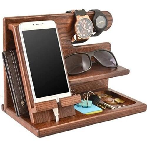 Wood Phone Docking Station Ash Key Holder Wallet Stand Watch Organizer Men Gift Graduation Male Travel Idea Gadgets