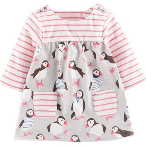 Little Maven Brand New Girls Autumn Spring Long-sleeved O-neck Fashion Birds Pockets Cotton Cute Casual Dresses