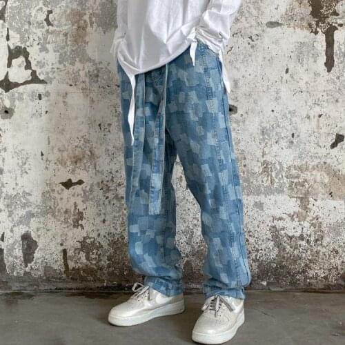 Retro Jeans Homme Men Loose Straight Streetwear Denim Pants Hip Hop Personality Print Pencil Pants Ripped Jeans for Men