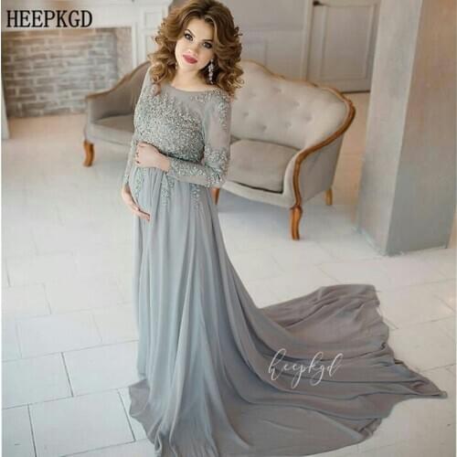 Elegant Long Sleeves Evening Dress For Pregnant Woman A Line Beaded Lace Chiffon Long Formal Dresses Custom Made Robe De Soiree
