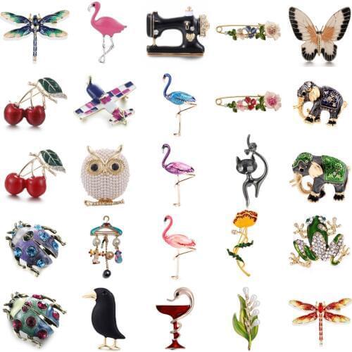 Flamingo Owl Butterfly Dragonfly Cherry Flower Bee Bird Brooch Collar Pins Corsage Animal Badges Jewelry Women Kids Brooches