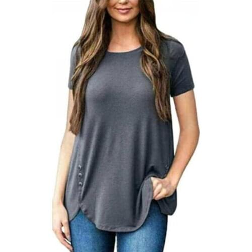 Summer Solid Color Short Sleeve Women T-shirt Casual Loose Irregular Hem O Neck Button Streetwear Plus Size Female Tee Shirt