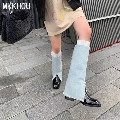 MKKHOU Fashion Knee-Length Womens Boots New Winter Denim Pearl Real Leather Mid-Heel Ladies Street Pants Boots