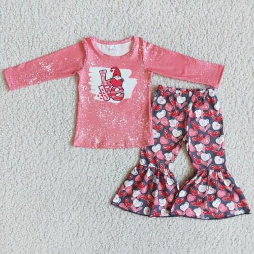 Girls Fashion Summer Boutique Outfit High Quality Kids Sweet Love Print Pink Clothing Girls 2 Piece Bell Bottom pants Set