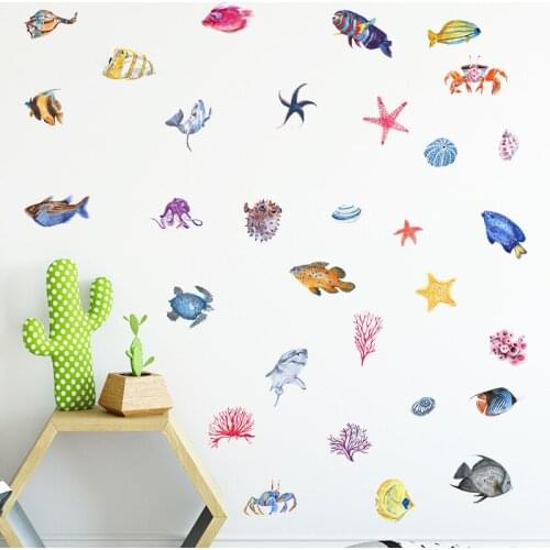 Cartoon Underwater World Wall Stickers Animals Childrens Room Bedroom Decor Bathroom Glass Waterproof Sticker PVC Decals