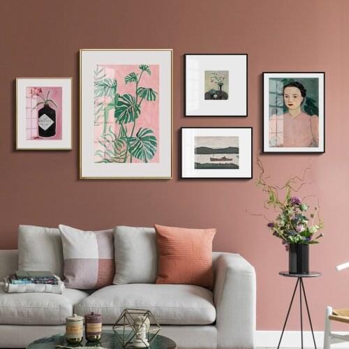 Simple pink department plant vase sitting room porch mural poster canvas prints picture background wall adornment picture
