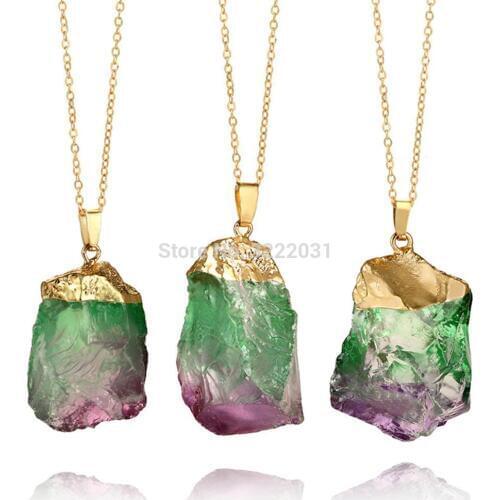 Rainbown Crystal Pendant Necklace for Girls,Green Natural Stones Women Necklace with Chain,Big Stone Pendant Jewelry 10 pcs/lot