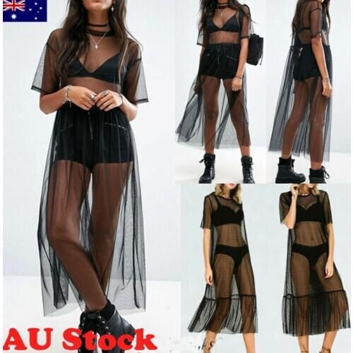 Sexy Women Mesh Sheer See Through Short Sleeve Mini Long Dress Beach Clubwear AU