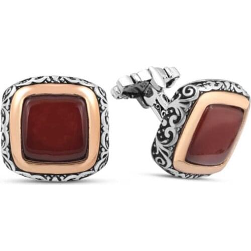 Silver Red Agate Stone Cufflinks