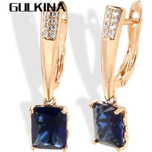 Gulkina Luxury Square Blue Natural Zircon Long Earring For Women 585 Rose Gold Bride Wedding Dangle Earrings Fashion Jewelry