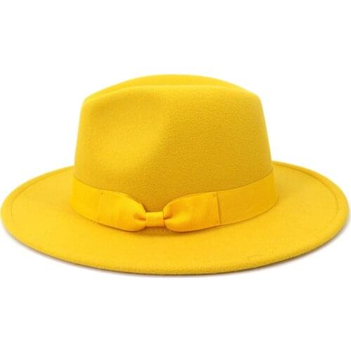 Yellow bowknot fedoras wide brim hat Panama felt hat jazz hat church top cap british women fedoras hats for men шляпа женская