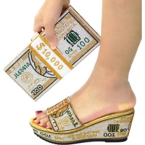 Gold Womens Wedge High Heels African Shoes And Purse Bag Set Pumps With Handbag Ladies Chausson Femme CR191 Height 7.5CM
