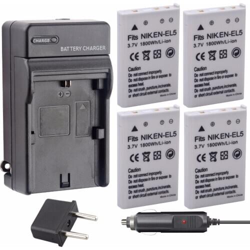 PROBTY 4Pcs 1800mAh EN-EL5 EN EL5 Li-ion Camera Battery + Car Charger Kit For Nikon Coolpix PP4 P80 P90 P100 P500 P510 P520 P530