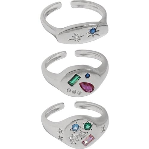 Uniorsj 100% 925 Sterling Silver High Quality Punk Style Multicolor Zircon Sun and Star Open Rings for Women Jewelry