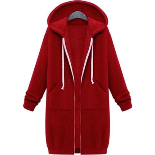 Zipper Pocket Long Sleeve Solid Color Midi Length Hoodies Women Autumn Winter Casual Loose Streetwear Fashion Hooded Tops