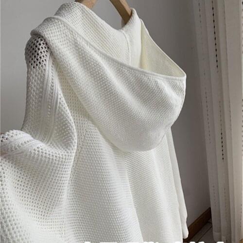 Pullovers Plus Size White Hooded Sweaters Women Spring Fashion Casual Wild Hollow Out Knitted Tops Jumpers Pull Femme Minimalism
