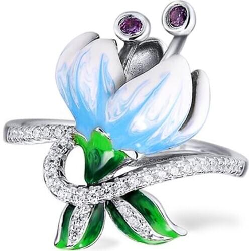 Fashion Enamel Lily Flower Wedding Rings for Women Unique Cubic Zirconia Engagement Ring Female Party Bohemia Jewelry Wholesale