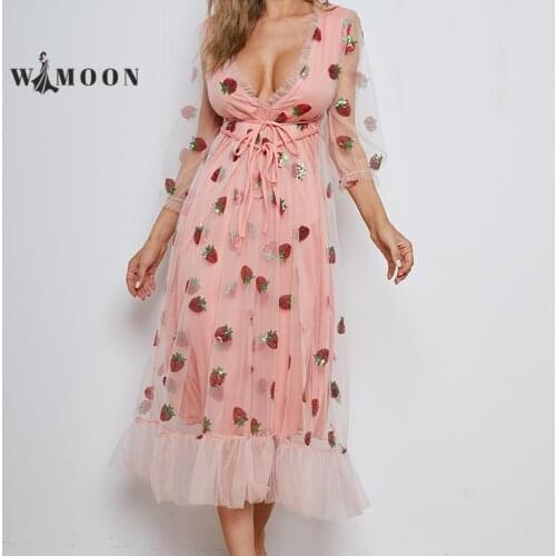 Sweet Sexy Strawberry V-Neck Mesh Spring/Autumn Sequin Embroidered A-LINE Fountain French Lace Fairy Ankle-Length Woman Dress
