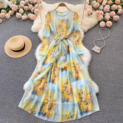 Autumn Winter Dress Female 2021 New Goddess Fan Slim Long Printed Chiffon Dresses High Waist Temperament Female Vestidos