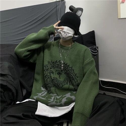 Winter Jesus Alphabet Jacquard Harajuku Personality Lazy Style Woman Sweater Trendy INS Cartoon Mens Thickened Knitted Sweater