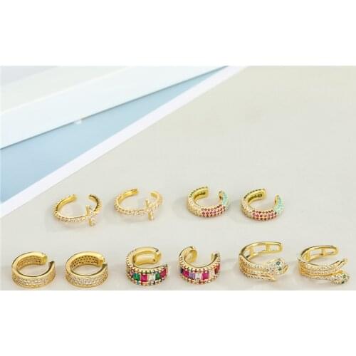 1Pair Colorful Zircon Cross Snake Ear Cuffs Earrings For Women Simple Vintage Rainbow Crystal Ear Clip Fake Cartilage Earrings