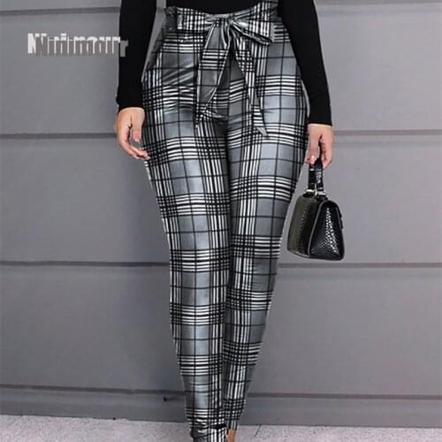 2021 Fashion Elegant Women Grid Pants Grid Design Casual Pants Women Plaid Skinny Fit Bow Tied High Waist Pencil Pants
