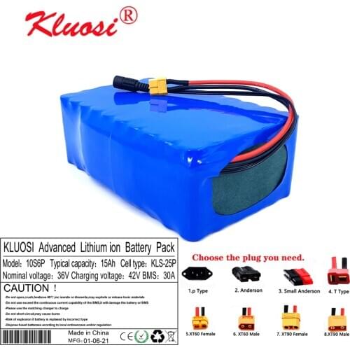 KLUOSI 10S6P 36V 15Ah 36V Battery 250W~1000W with 30A BMS 37V Lithium Battery Pack for Ebike Electric Car Bicycle Motor Scooter