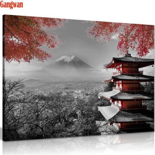 DIY Diamond Painting Japanese Temple Autumn scenery Cross Stitch Mosaic diamond embroidery Black White Red view rhinestone decor