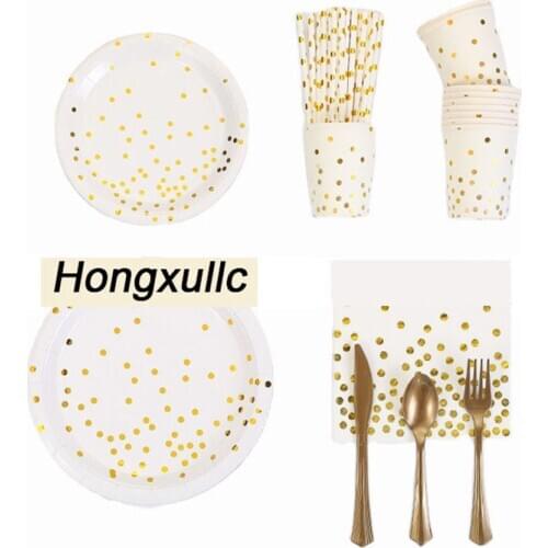 Bronzing Disposable Paper Plate Cup Straw Cake Stand Decoration Plate Birthday Party Supplies Disposable Tableware Set