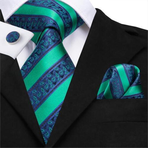 C-3131 Hi-Tie Luxury Silk Mens Fashion Green Striped Tie Necktie Handkerchief Cufflinks Set Mens Party Wedding Tie Set 8.5cm