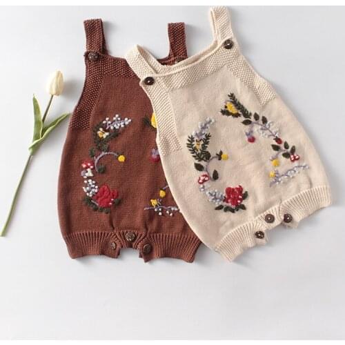 0-24M Newborn baby boys romper warm infant kids suspender jumpsuit for girls overalls retro flower embroidery bodysuit toddler