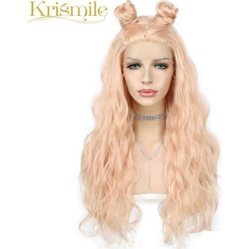 Krismile Long Synthetic Lace Front Wigs Pink Color Water Wave Hair for Women Party Cosplay Drag Queen Daily High Temperature
