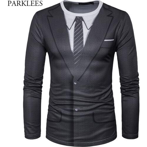 Fake Suit Bow Tie Print T Shirt Men/Women Brand New Long Sleeve Tee Shirt Homme Casual Slim Fit Top Tees Funny 3D Camiseta XXL