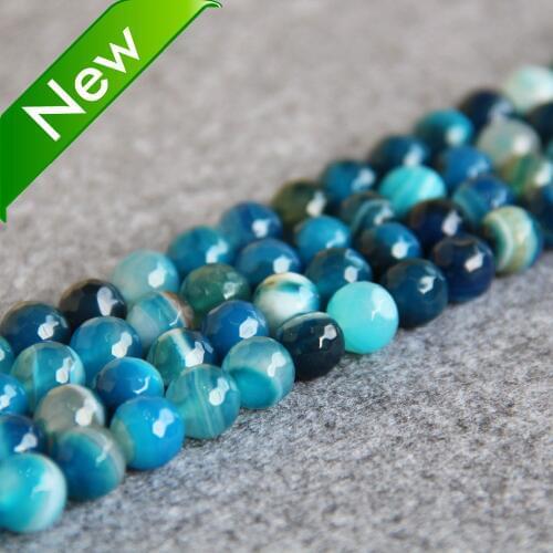 For Necklace 10mm Faceted Natural Stripe Blue Onyx Beads Round DIY Loose Beads Carnelian Accessory Parts 15inch Jewelry Making