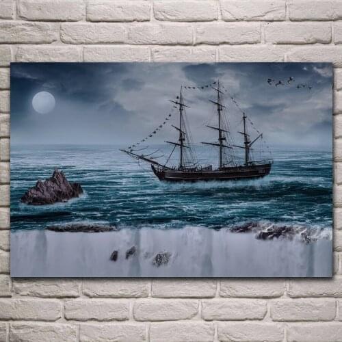 Sailboat ship sea moon night nautical artwork posters on the wall picture home living room decoration for bedroom KJ048