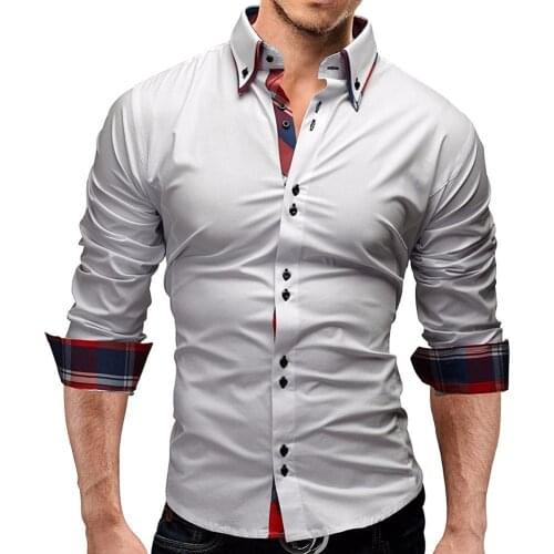 Men Casual Solid Color Plaid Patchwork Slim- Fit Turn Down Collar Long Sleeve Business Shirt High Quality Top Formal Wear кашуля