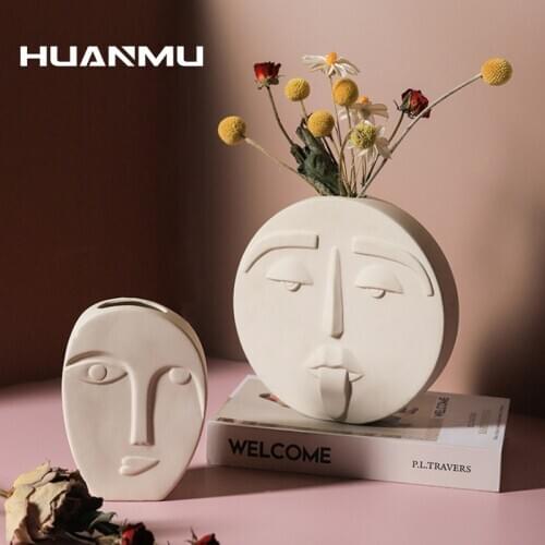Nordic Style Modern Human Face Ceramic Vase Home Decoration Flower Vases Sculpture Head Matte Table Flower Vase for Wedding Prop