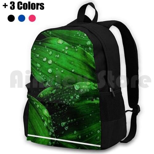 Green Leaves Outdoor Hiking Backpack Waterproof Camping Travel Green Green Leaves Leaves Leaf Rain Raindrop Rain Drops In