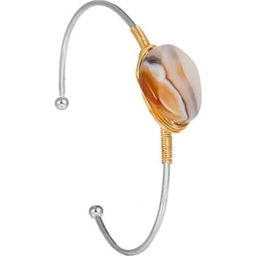 Silver Plated Irregular Shape Stripe Gray Agates Open Bangle for Party Gift Ethnic Style Jewelry